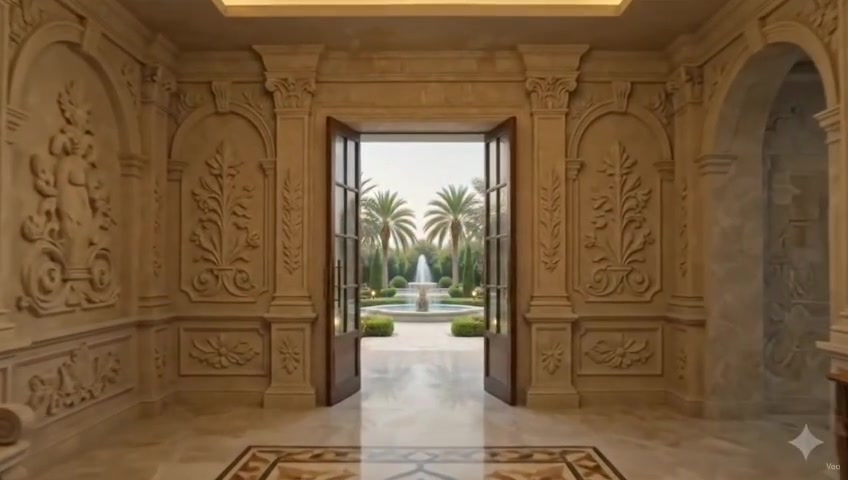 Carved marble hallway with open door to garden